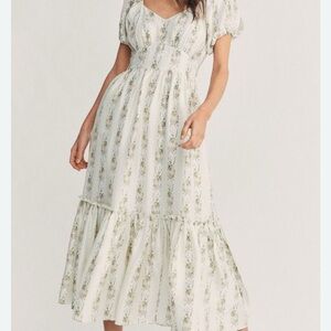 LoveShackFancy Cream Midi Dress with Ruffled Puff Sleeves
